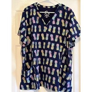Women's Scrub top size 2XL, Pineapple Design, Navy Blue Scrubs Workwear, Nursing